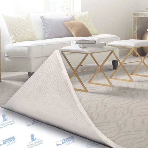 living room graphic with corner of carpet lifted up to reveal carpet cushion